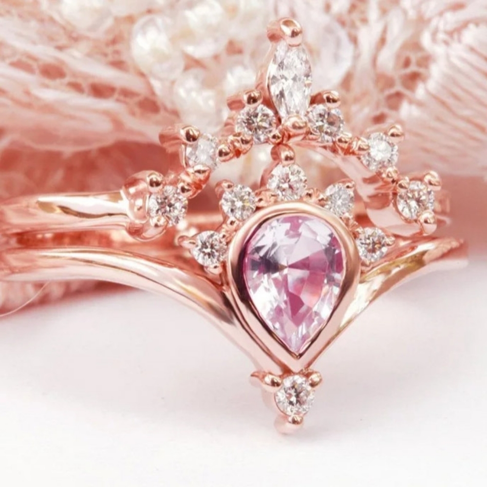 HP🎀2pc Rose Gold Pink Sapphire Diamond Pear Ring - Picture 5 of 5